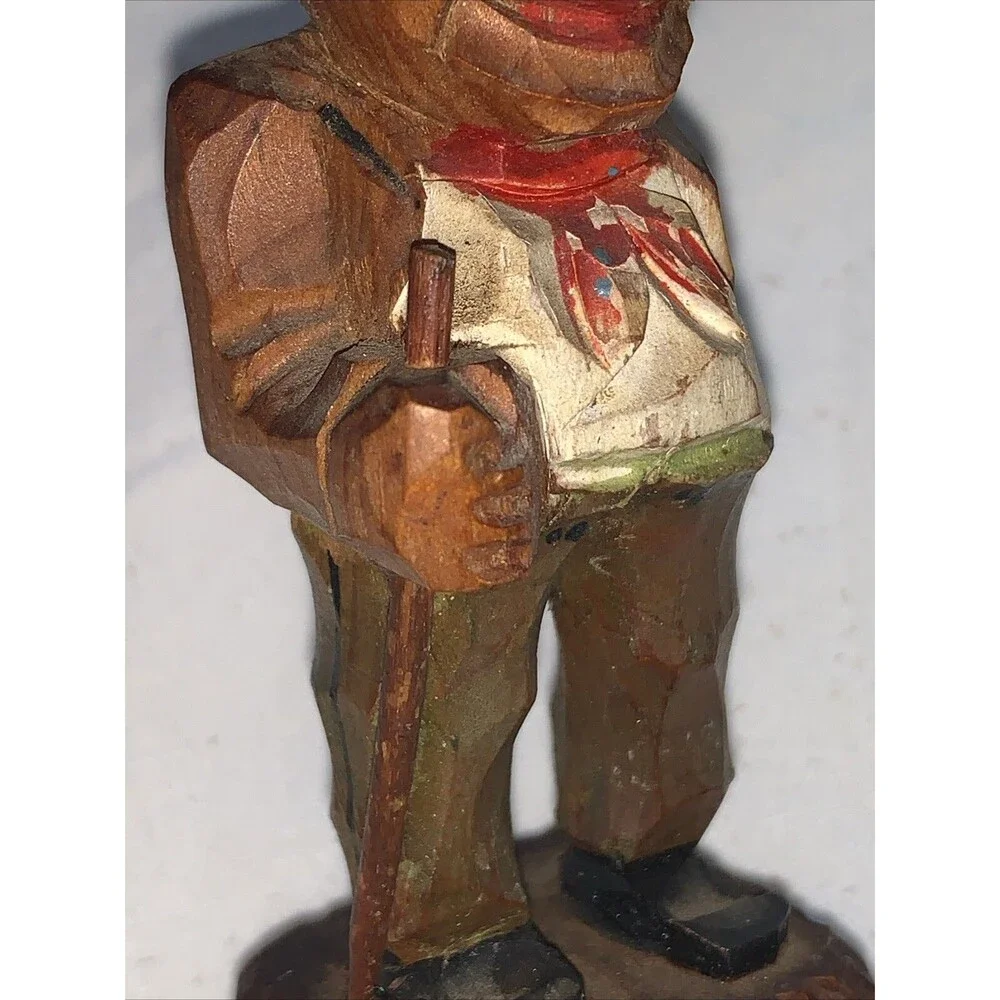 Vintage Hand Carved Wooden Man FolkArt Villager Figurine Top Hat Cane ANRI Style